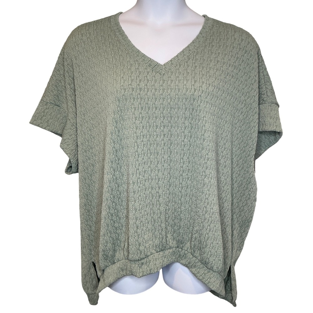 Nellie Mae Womens Textured V Neck Top Sz 2X Short Sleeve Olive Green‎ Flowy Boho